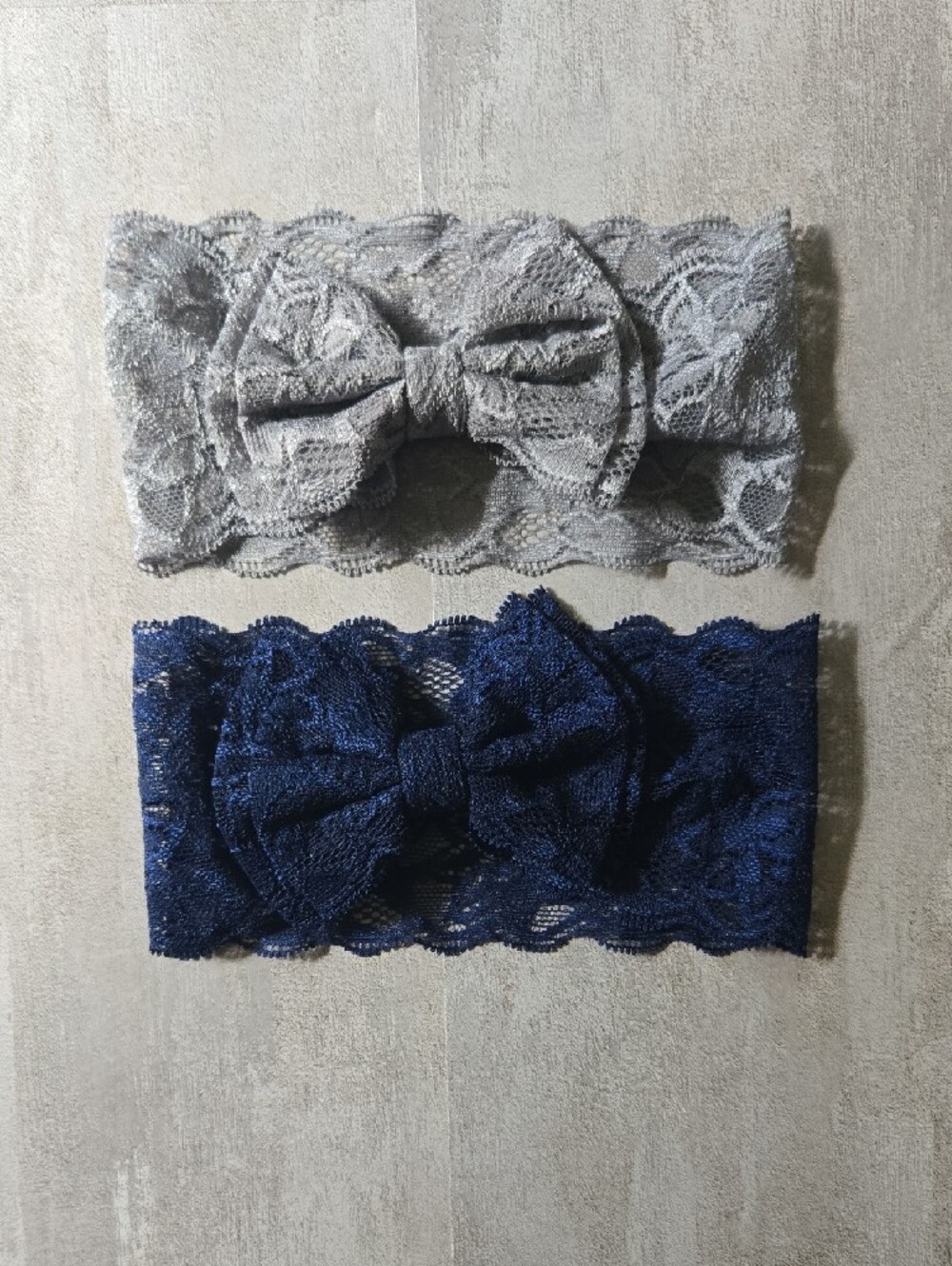 Baby Girl Grey & Navy Blue Lace Stretch Bow Headband Floral Hair Band Accessory